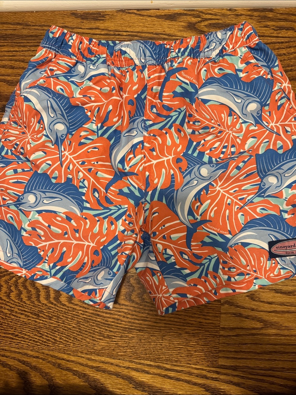 Vineyard Vines Coral and Blue Marlin Print Swim Shorts
